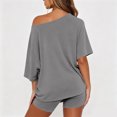 thumbnail image 3 of Women Off The Shoulder Lounge Set Loose Short Sleeve Top High Waist Biker Shorts Matching Outfit Two Piece Tracksuit Gray L, 3 of 4