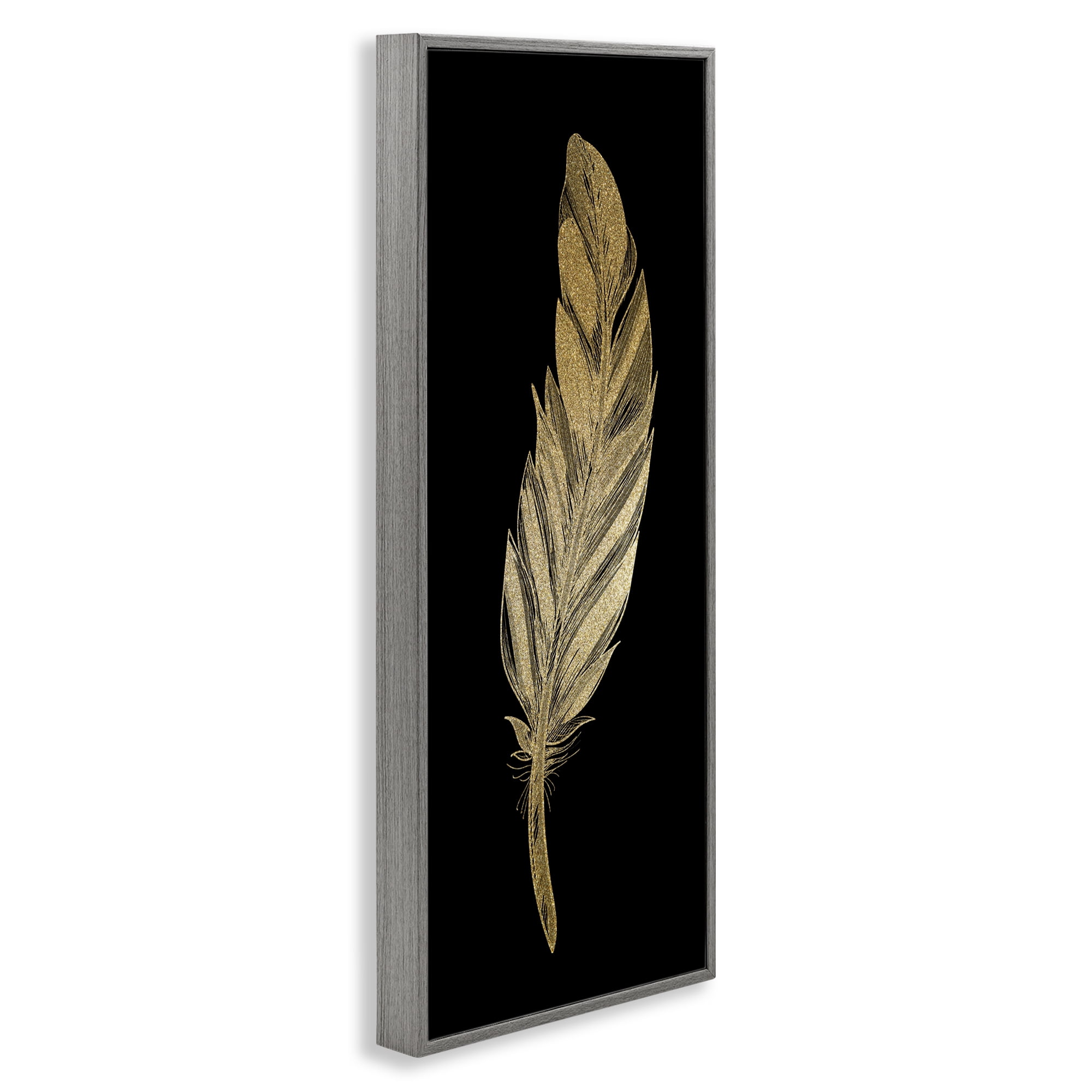 Glam Feather Black & Gold Gray Framed Giclee Art, design by Kim Allen