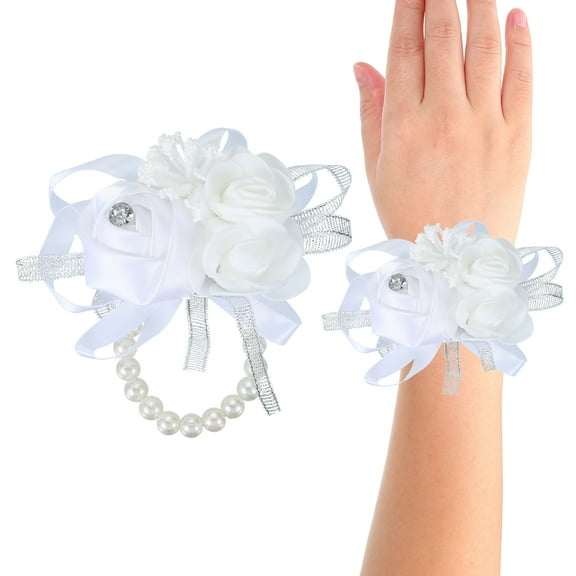 2 Pcs Wrist Corsage Silk Rose Pearls Wedding Bridesmaid Party White
