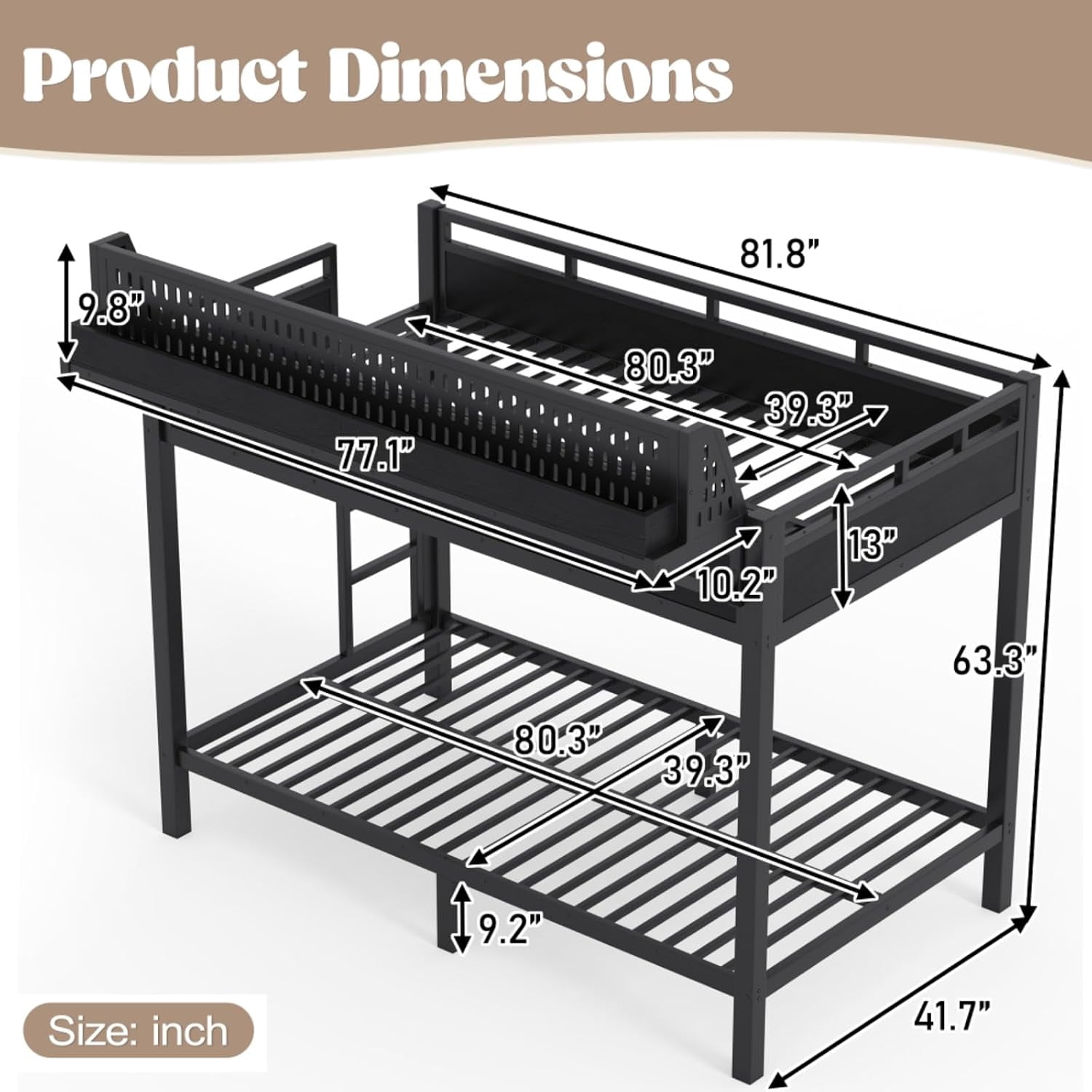 Twin XL over Twin XL Size Metal Bunk Bed with USB Ports & LED Lights, Storage Shelves, Black