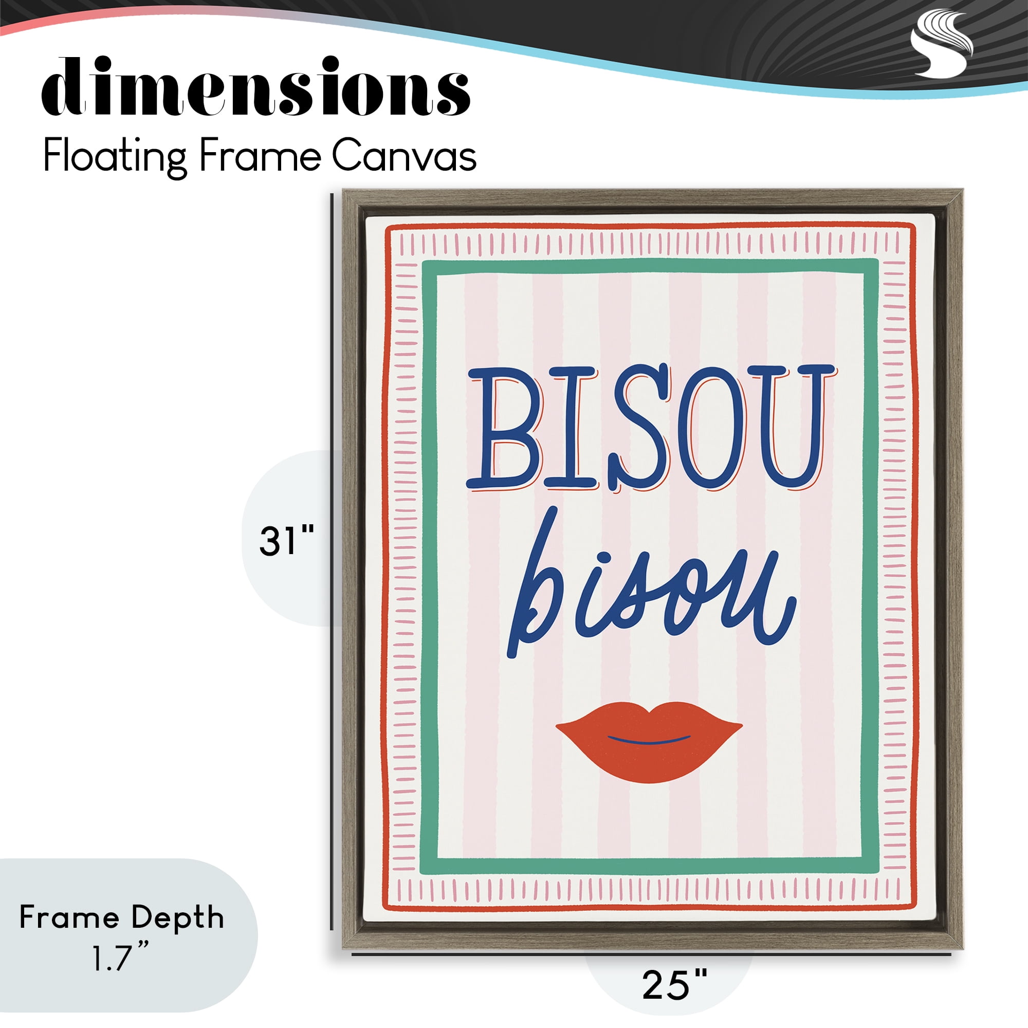 Stupell Industries Bisou Kiss over Stripes Brown Framed Floater Canvas Wall Art, design by Jalynn Heerdt