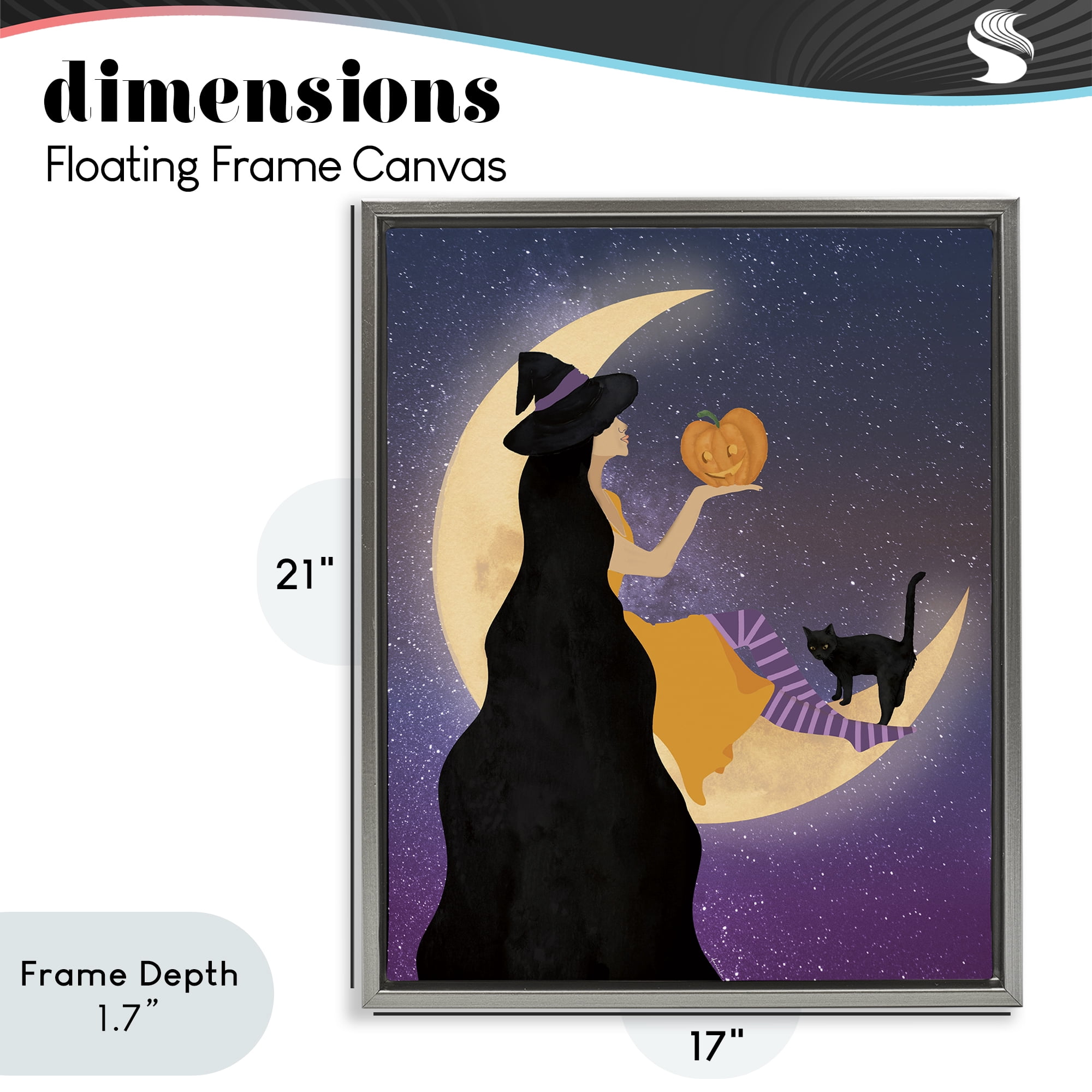 Stupell Industries Moonlit Witch Holding Jack-o-Lantern Gray Framed Floater Canvas Wall Art, design by Daniela Santiago