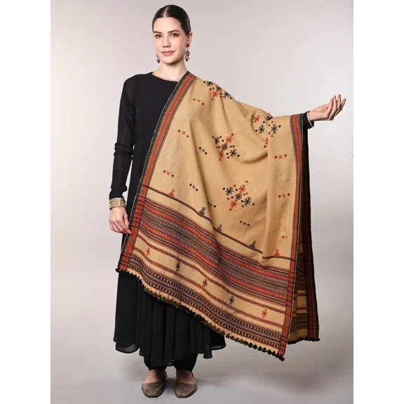 Exotic India Kutch Embroidered Booti Mirror Work Shawl Red Handcrafted Wool Blend Women's Wrap Scarf