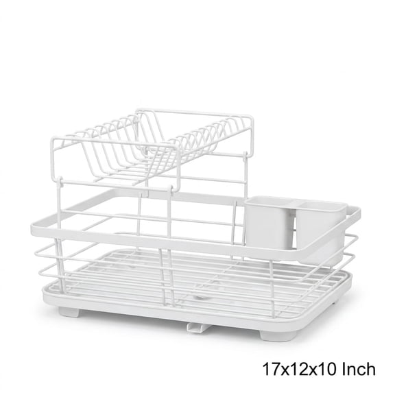 YUCHANG White Dish Drying Rack with Utensil Holder, Removable Drip Tray, 17"x12"x10" Kitchen Countertop Dish Rack Organizer for Plates, Cups & Bowls