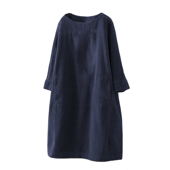 Womens under $10 2026 ! asdoklhq Womens Plus Size Dresses,Plus Size Women O-Neck Long Sleeve Corduroy Solid Pockets Casual Dress