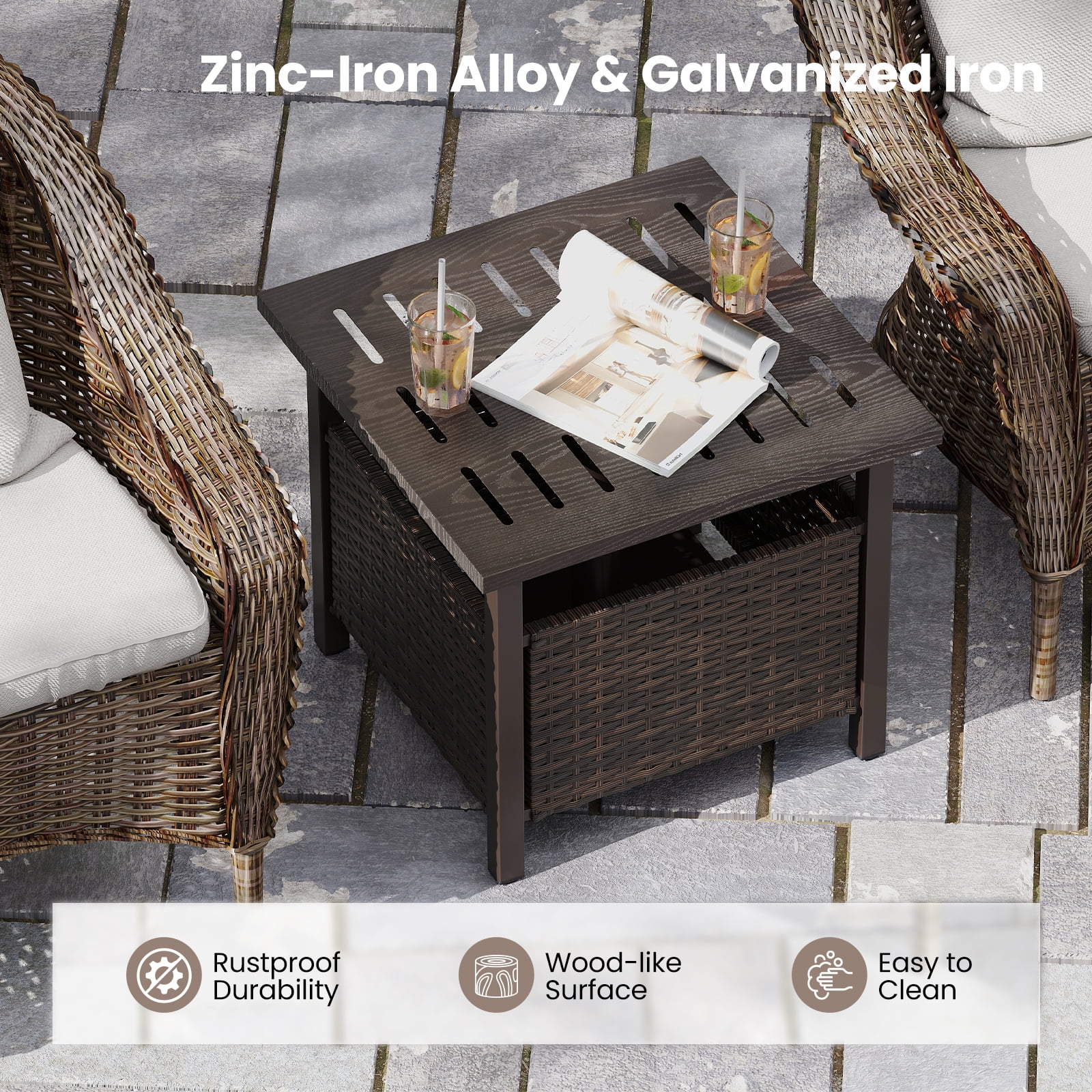Topbuy Outdoor Side Table with 1.93" Umbrella Hole All-Weather PE Wicker Patio Umbrella Table with Rustproof Frame