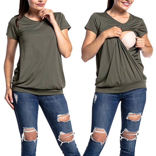 Camiseta de embarazo, camiseta de lactancia de manga corta para mujer, camiseta de lactancia, funcionamiento suave