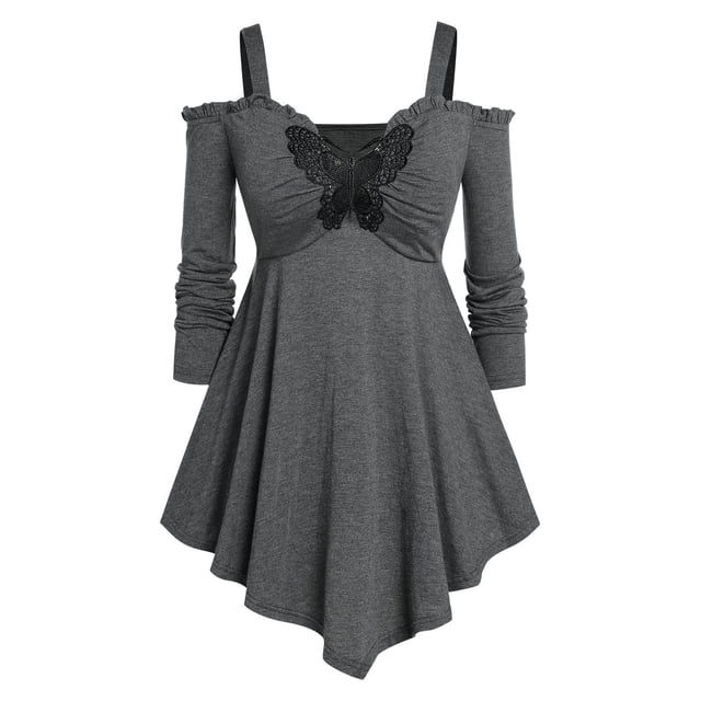 Camiseta de mariposa de encaje Rosegal hombro frío Mangas largas de talla grande