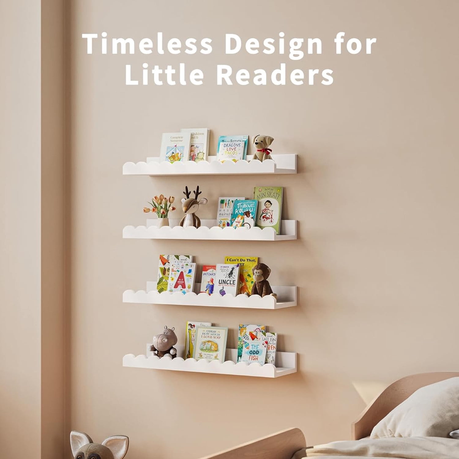 Book Shelves, 4-Pack White Floating Shelves for Wall, Scalloped Shelves, Wall Book Shelves for Bedroom