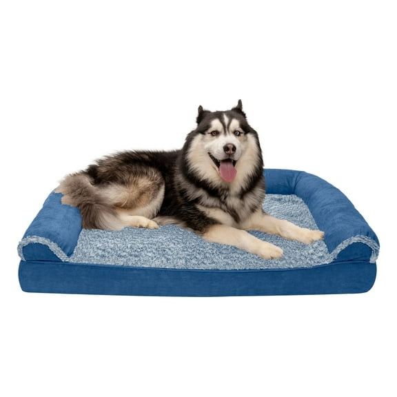 FurHaven Two-Tone Faux Fur & Suede Orthopedic Sofa Pet Bed for Dogs & Cats - Jumbo, Marine Blue