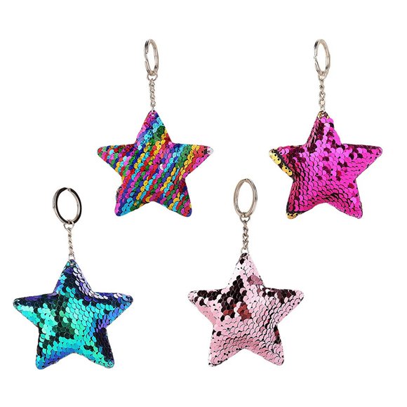 ISKYBOB Set of 4 Star Shaped Glitter Sequins Charm Keychain Bag Hanging Decoration Key Ring