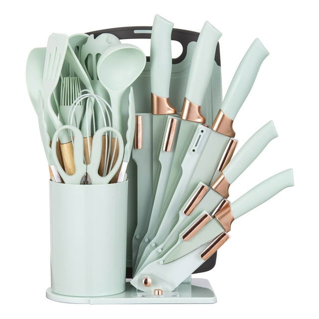 HEESEM 19-Piece Mini portable kit Silicone Kitchen Utensil & Knife Set - Heat-Resistant Cooking Tools Non-Stick Safe Light-Green