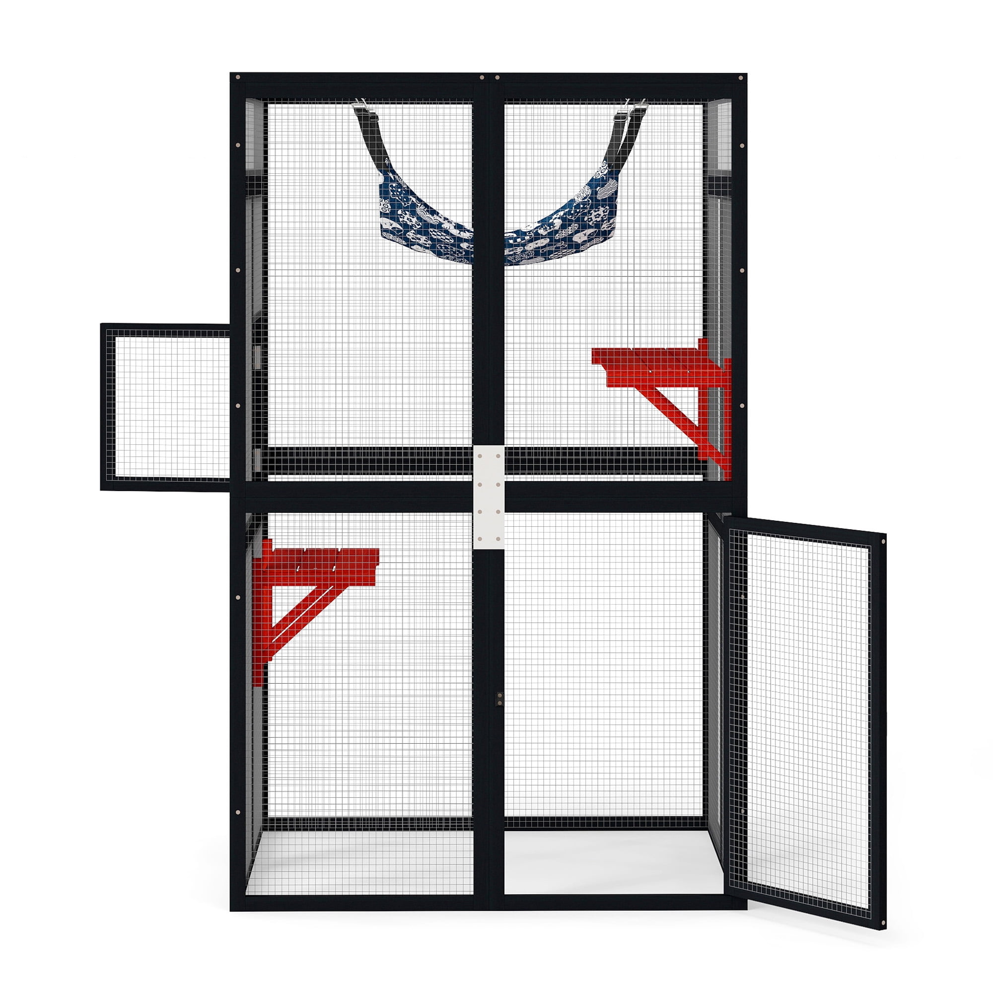 Pefilos 64" Gothic Cat House Outdoor Catio Cat Enclosures Wooden Kitty House with Platforms, Waterproof Roof, Hammock, Black