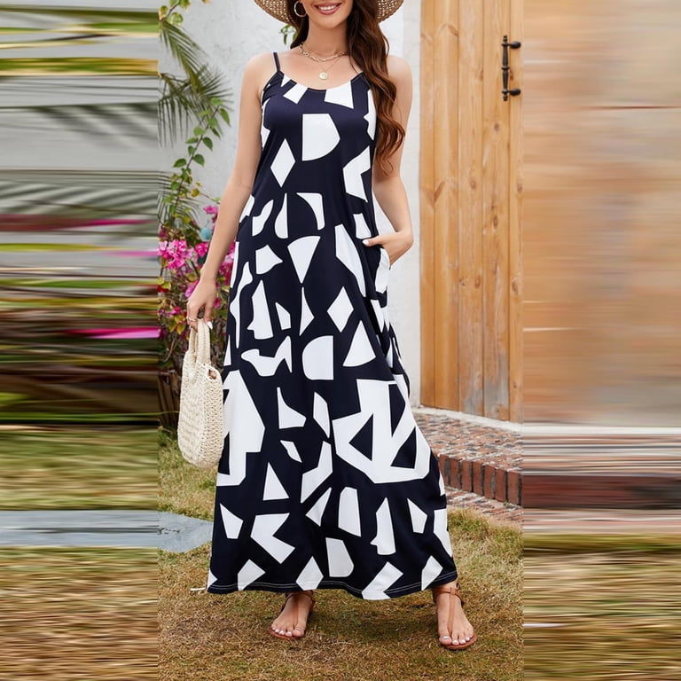 HELYO Women's Maxi Dress - Summer Floral Print, V Neck Sleeveless, Flowy Bohemian Beach Dress