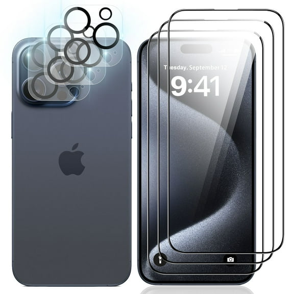 Innens 3Pcs Screen and Camera Lens Protectors Tempered Glass Films for iPhone 15 Pro, Clear