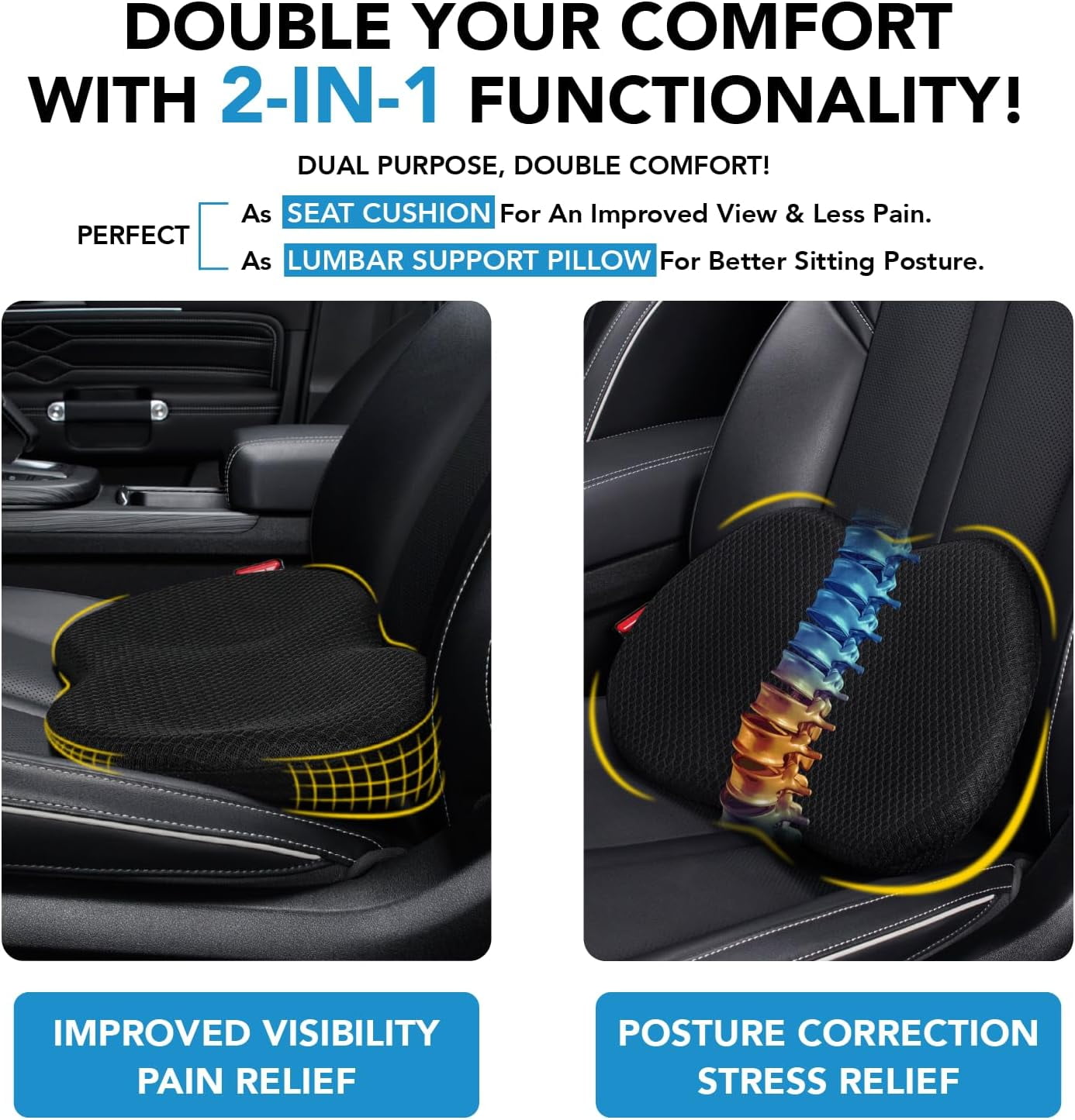 Ouzorp Car Seat Cushion, Comfort Memory Foam Car Seat Pad, Sciatica & Lower Back Pain Relief, Office Chair Car Seat Cushions for Driving