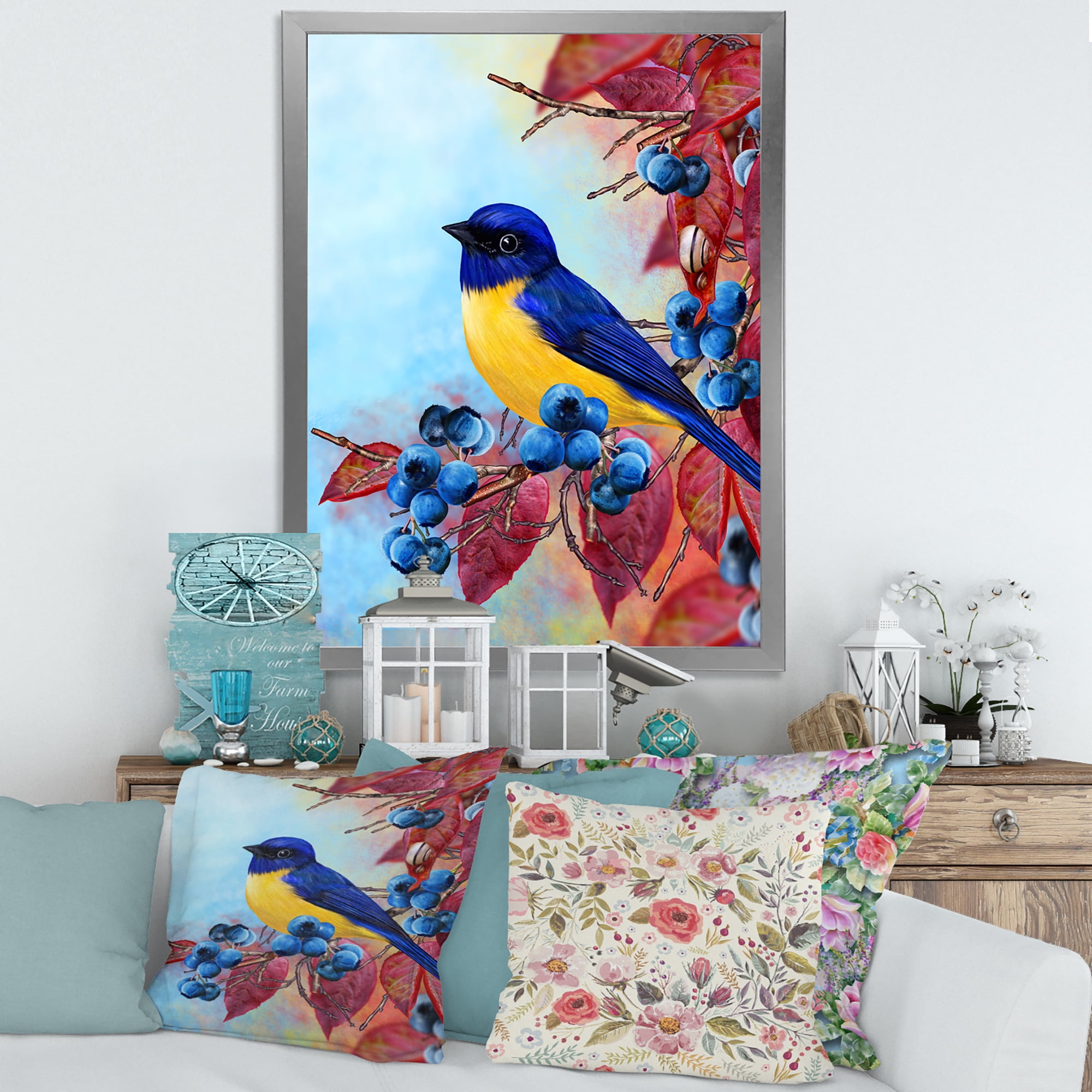 Designart 'Bright Bird Bullfinch Sitting On A Branch of Berries I' Traditional Framed Art Print