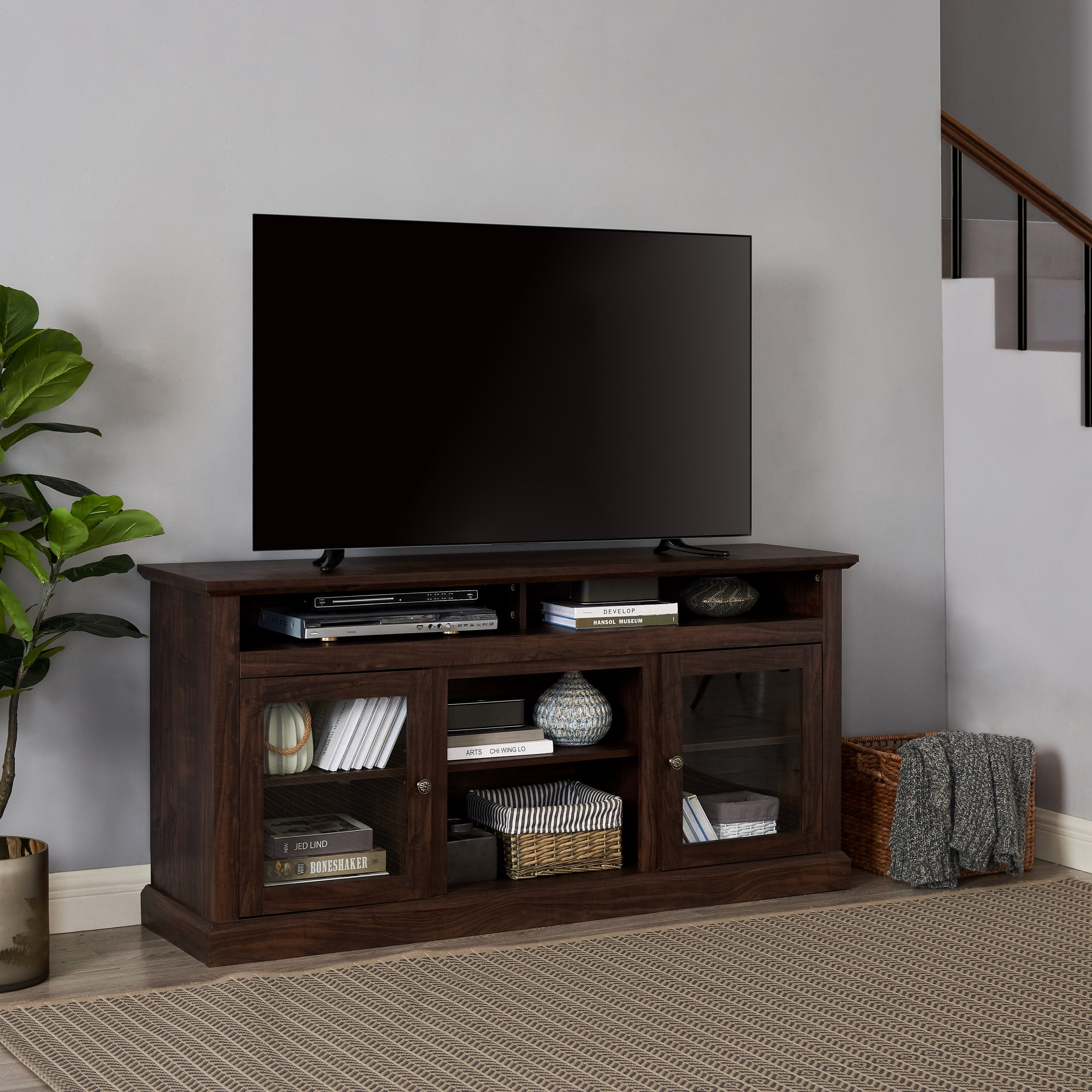 Noble House Fenriver 60" Farmhouse TV Stand, Media Console for 65" TVs with Glass Doors & Cable Management, Brown