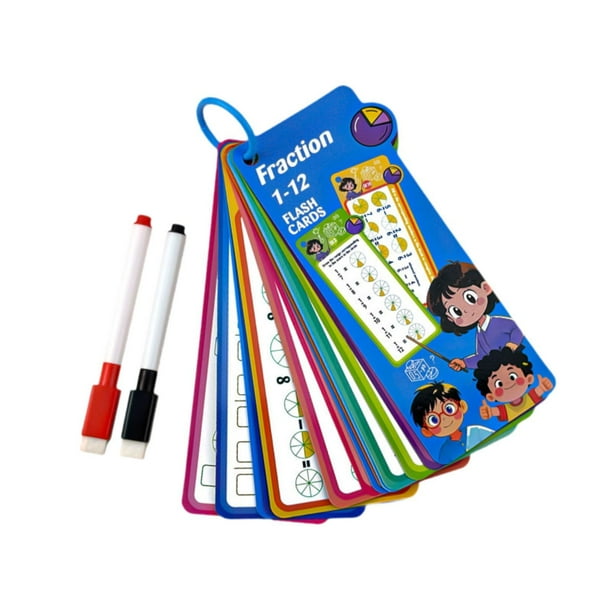 Matemáticas para niños Flashcard de enseñanza Ayudas 8x18 cm con anillo de carpeta Bordes redondeados Resistencia con 2 bolígrafos de borrado Fracción