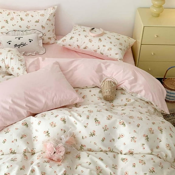 Floral Duvet Cover Set Twin Size White Pink Floral Flowers Bedding Duvet Cover with Zipper Closure Soft Microfiber Comforter Cover