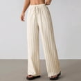 thumbnail image 6 of Miluxas Women's Striped Drawstring Wide Leg Pants Elastic High Waist Loose Casual Trousers with Pockets Soft Breathable Daily Outings Pants Beige, 6 of 8