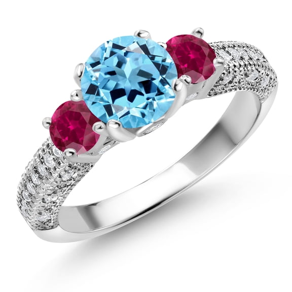 Gem Stone King 925 Sterling Silver Swiss Blue Topaz Red Created Ruby and White Moissanite Engagement Ring for Women (2.23 Cttw, Gemstone November Birthstone, Round 7MM and 4MM, Size 8)