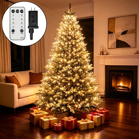 Christmas Tree Lights with Ring, 400 LED Warm White Tree Ring Light, 16 Strands 6.6FT Cascade with Remote & Timer for Indoor Xmas Tree Decor