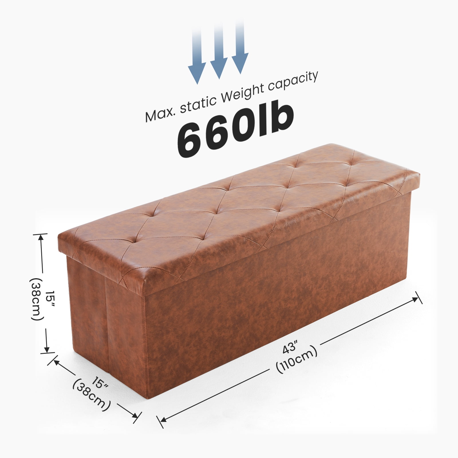 JOINSUN 43" Folding Storage Ottoman Bench, PVC material, Foot Rest Stool Storage Chest, Brown