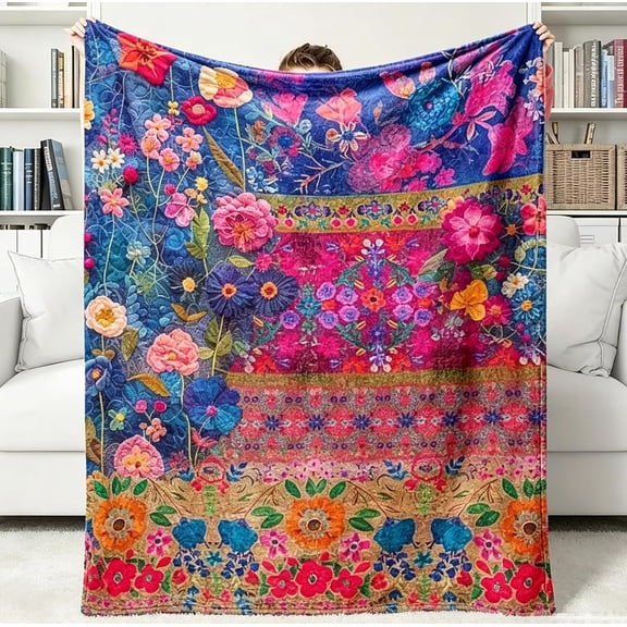 Vintage Bohemian Colorful Floral Pattern Soft Cozy Fleece Throw Blanket for Couch Bed Daily Use
