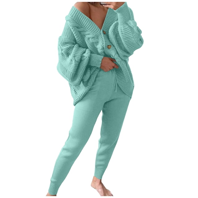 Puntoco Conjunto de suéter sólido con cuello en V a la moda para mujer, cárdigan de punto, abrigo, pantalones, conjunto de dos piezas Puntoco Puntoco-9301