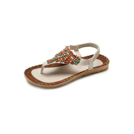 

Eloshman Women s Nonslip Slip On Flat Sandals Beach Comfort Casuall Beaded Flip Flop Sandal