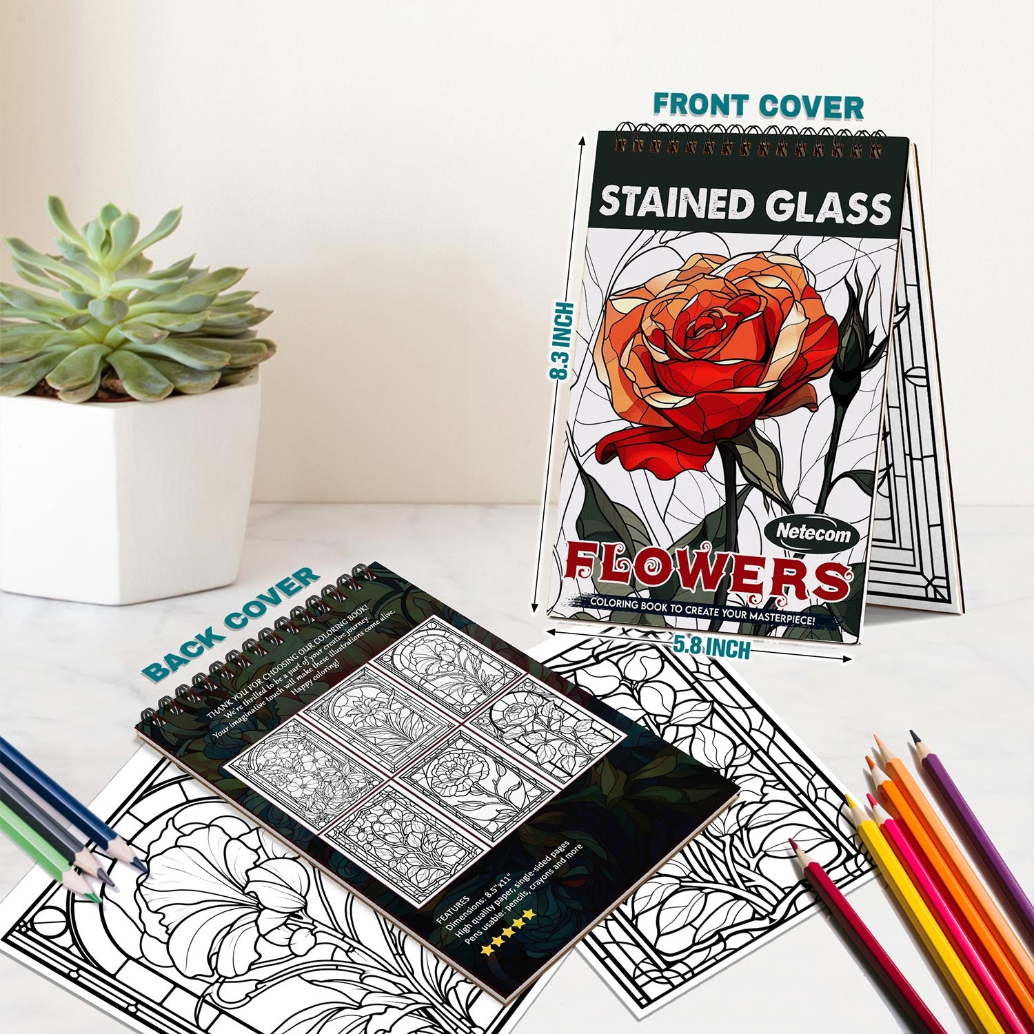 Netecom Stained Glass Flowers Coloring Book Spiral Bound for Adults, A5 Wooden Cover, 30 Delicate Coloring Pages of Beautiful Flowers for Stress Relief and Relaxation