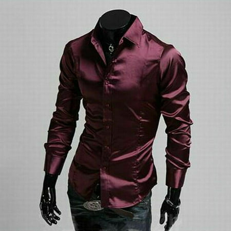 Silk Satin Men Slim Fit Shirts Long Sleeve Dress Shirt Casual T-Shirt Wedding