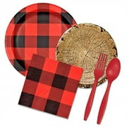 lumberjack party supplies set - buffalo plaid & timber cut paper plates, napkins, forks, spoons