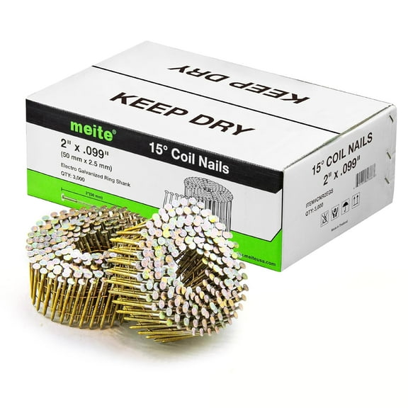 MEITE 3,000 Counts 15 Degree 2" Length Ring Shank Coil Siding Nails 2" × 0.099'' Electro-Galvanized Wire Coil Nails Full Round Head