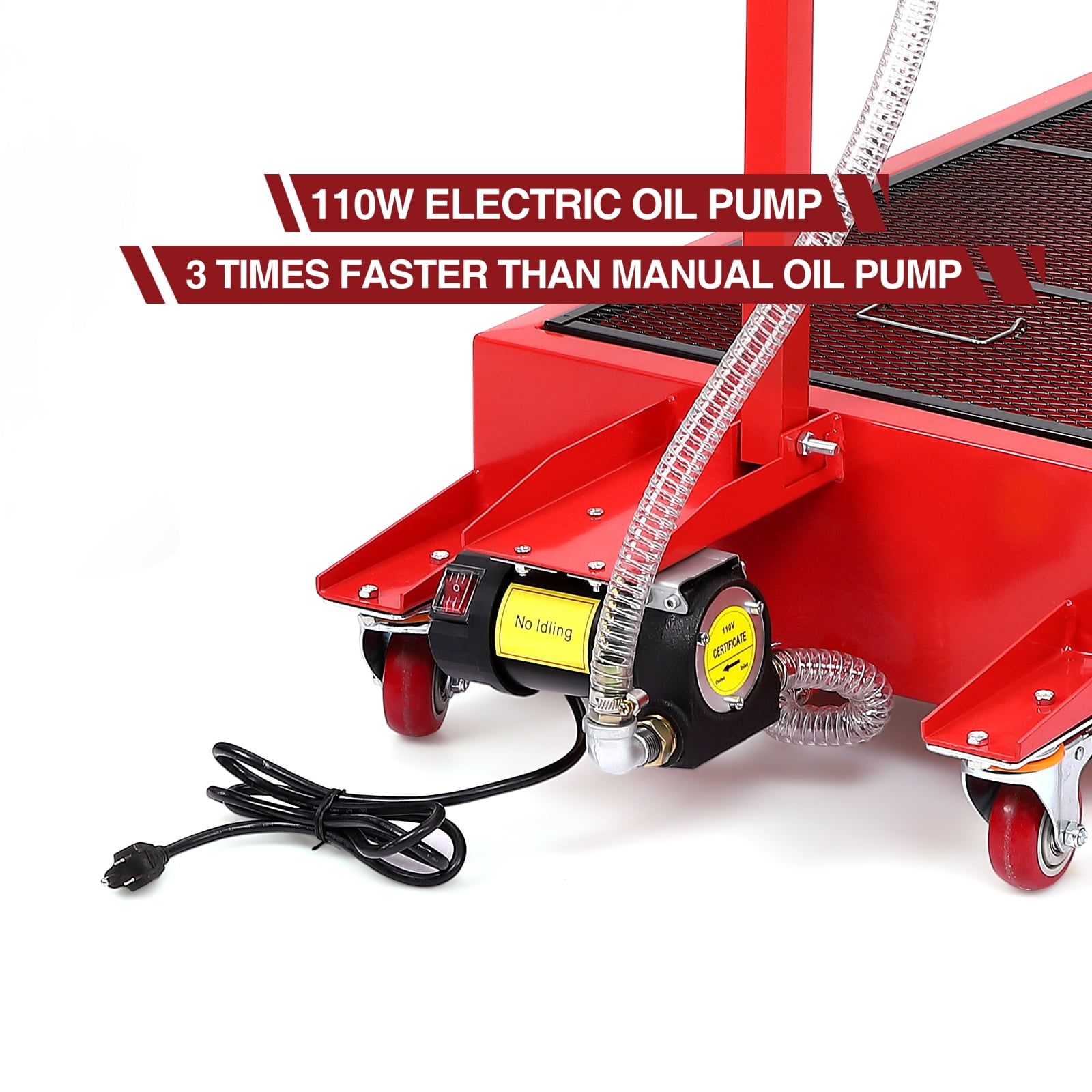 20-Gallon Steel Oil Drain Pan with 110V Electric Pump, Oil Change Pan with 8-Ft Hose & Foldable T-Handle, Built-in Casters for Cars, Trucks, and Buses