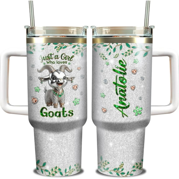 Personalized Goat Tumbler Just A Girl Who Loves Goats Custom With Name Cute Farm Animal Print Tumbler 40oz with Handle and Straw Travel Coffee Mug Christmas Birthday For Her Girls Women
