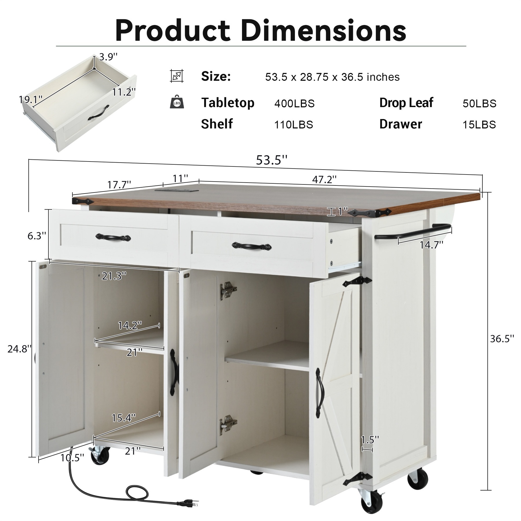 Alvantor 53.5'' Kitchen Island Carts with Drop Leaf & Power Outlet, Farmhouse Storage Cabinet with Spice Rack for Dining Room Living Room White