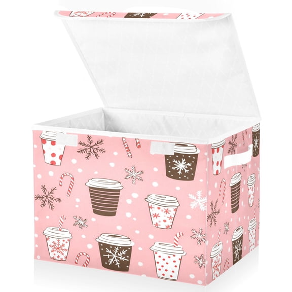 Yayeee Collapsible Cube Storage Bin with Lid Fabric Closet Decorative Basket with Handles, Brown Hand Drawn Cups