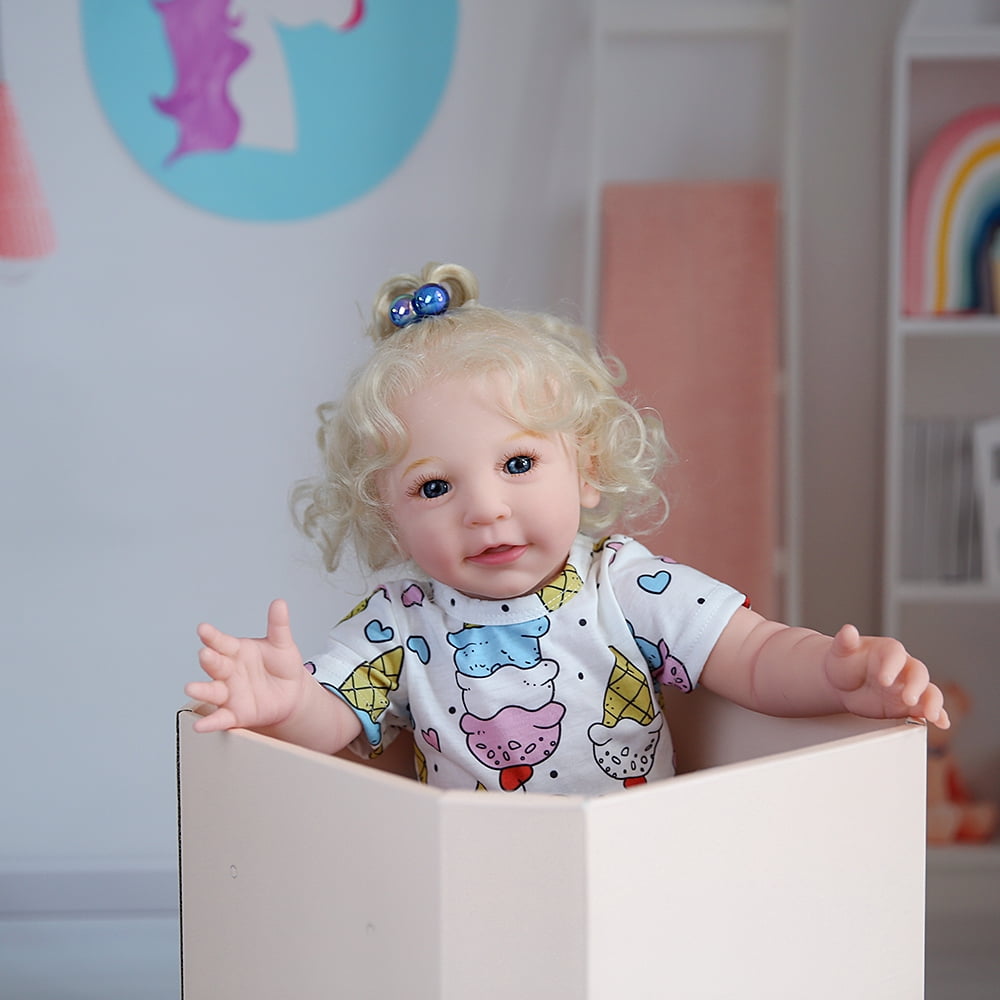 Reborn Baby Dolls 22'' Blond White Skin Soft Body Silicone Limbs Smiling Baby Dolls Christmas Birthday Gift Set for Toddlers