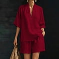 thumbnail image 2 of Ecqkame Two Piece Sets for Women Linen V Neck Short Sleeve Tops and Elastic Pockets Shorts Casual Summer Lightweight Vacation Outfit Set Red XXXL, 2 of 8