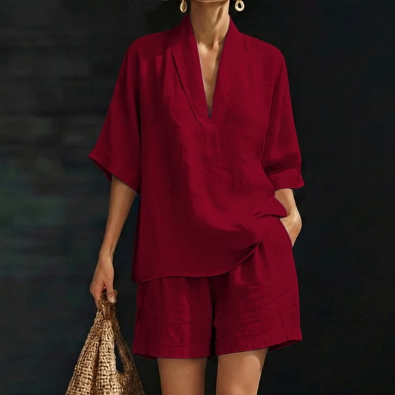 Cagogo Women Plus Size 2 Piece Set V Neck 3/4 Sleeve Shirt Shorts Casual Solid Loose Travel Outfits Lounge Tracksuits Summer Cruise Clothes Matching Lounge Sets, Red XL