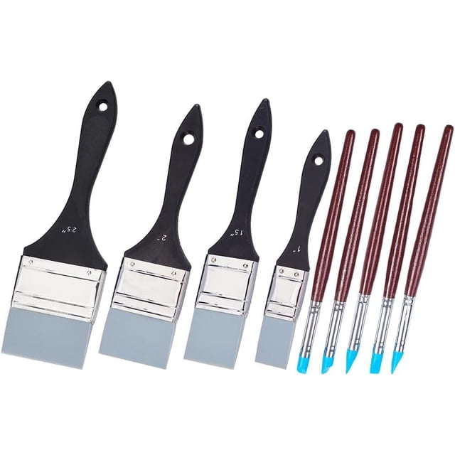 Set de 9 pinceles de silicona negra con mango de madera. Herramienta para dar forma al color, pincel para pintura al agua, herramienta para modelar y borrar.