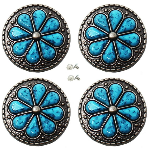 Set of 4 Screw Back Conchos Western Saddle 1-1/4" Three-Tone Engraved Turquoise Stone Co587