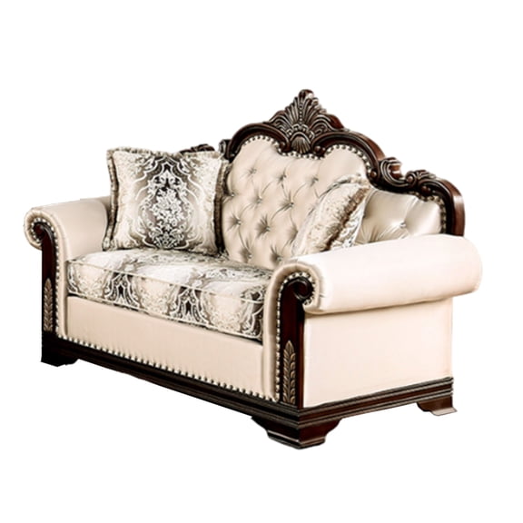 Catie 66 Inch Loveseat, Beige, Nailhead Trim, Cherry Brown Solid Wood