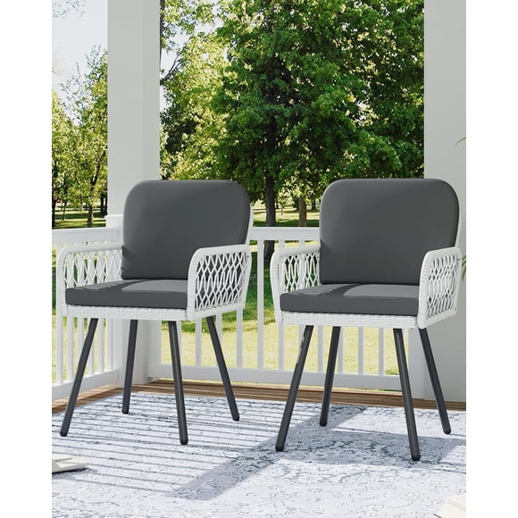 Patio Furniture Patio Dining Chairs Set of 2, Black Metal Frame & White Hand Woven Rattan, Porch Armchairs with Cushion for Indoor, Garden, Balcony, Deck, Backyard