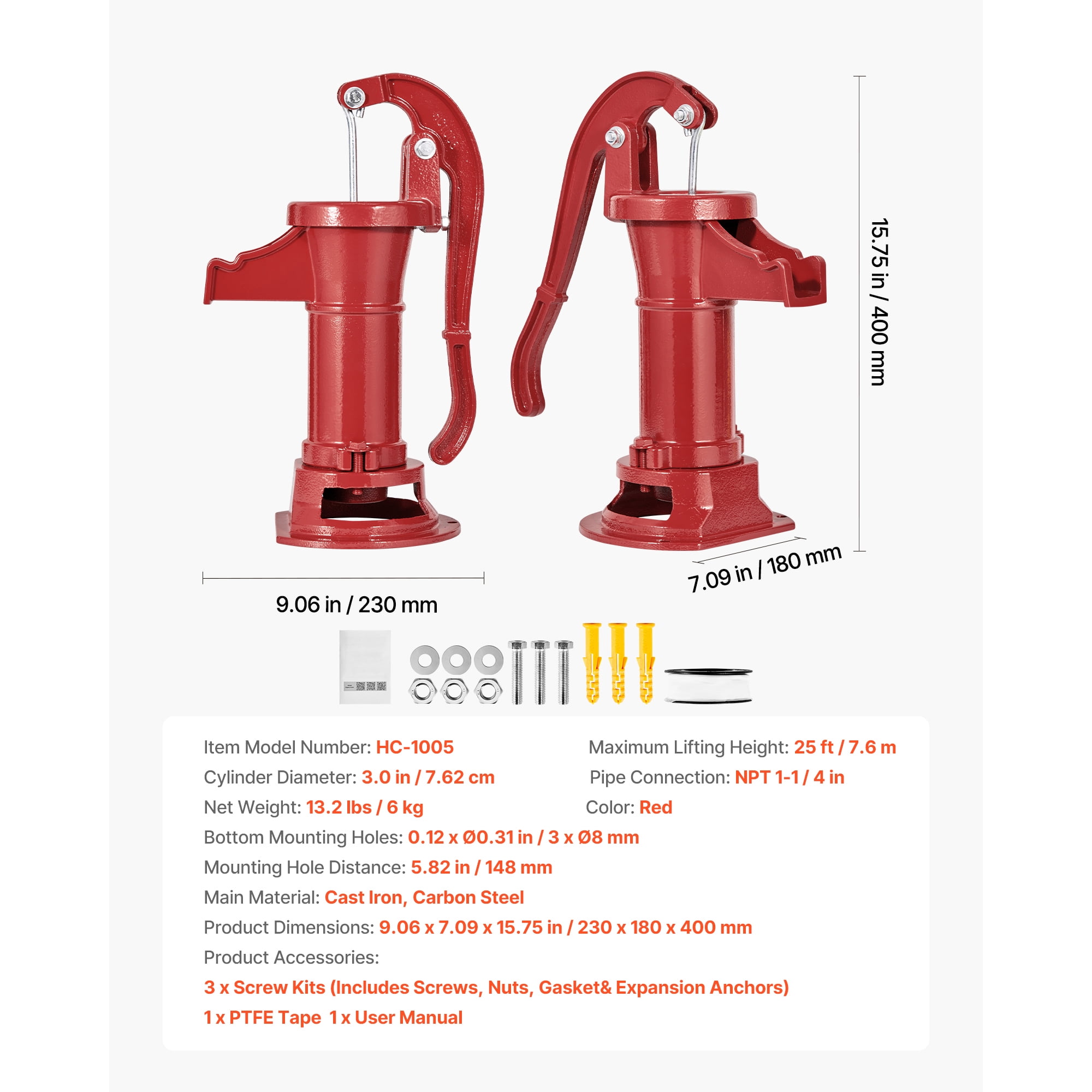 KFFKFF  Cast Iron Hand Well Pump, 25 ft Max Lift,  Antique Pitcher Pump, 1-1/4 in NPT Connection, Manual Water Pump for Gardens, Ponds, Backyards, and Farms, Red