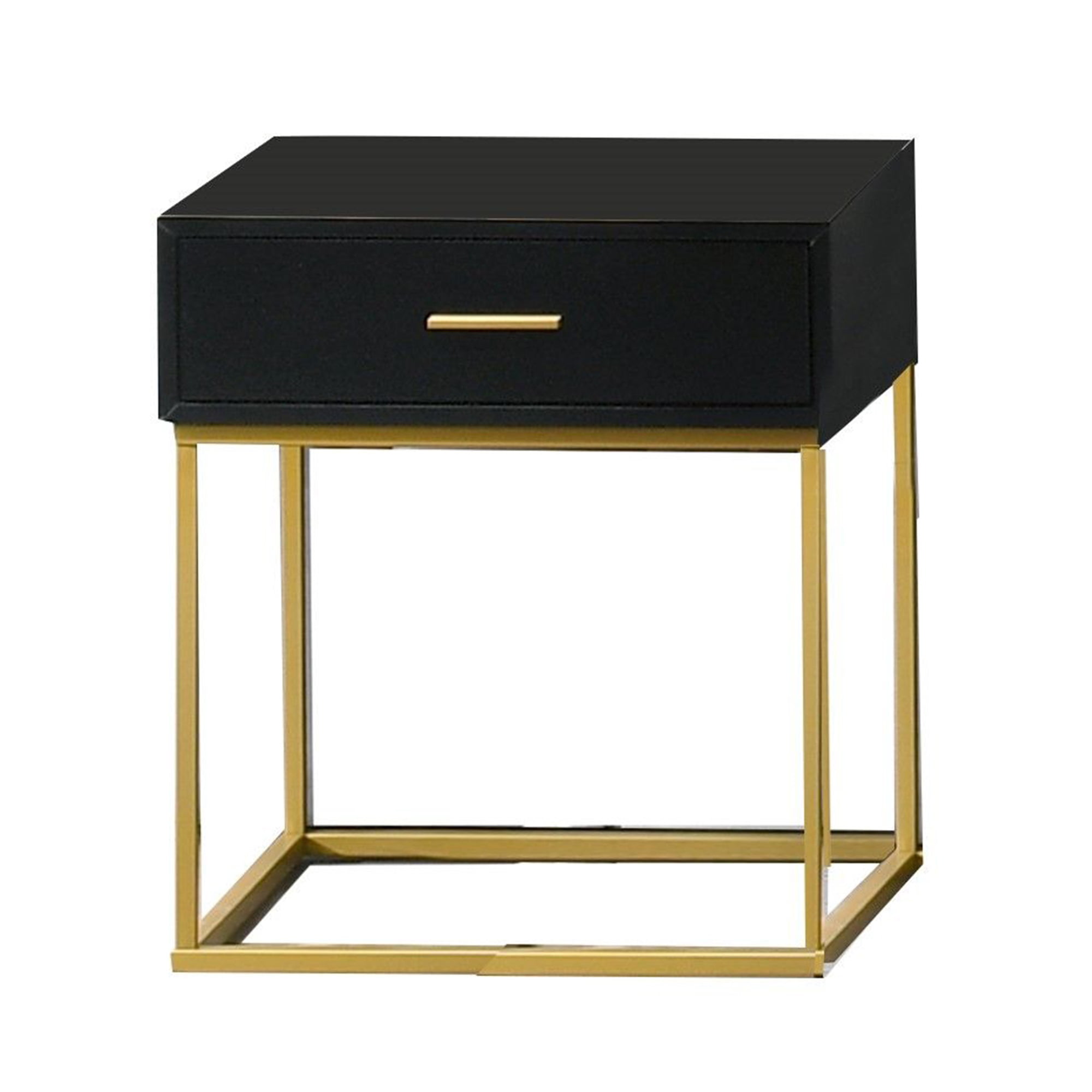 1 Drawer Wooden Nightstand with Metal Legs, Black and Gold