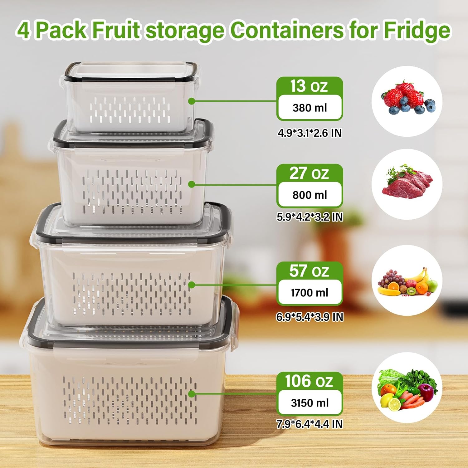 Fruit Storage Containers for Fridge, Produce Containers for Fridge with Removable Colander, All-In-One Fruit Washing Bowl with Strainer Microwave/Dishwasher Safe for Salad Berry Lettuce Keeper