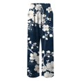 thumbnail image 6 of felwors Women Summer Boho Palazzo Pants High Waist Wide Leg Floral Casual Cotton Lounge Trousers with Pockets Navy, L, 6 of 7